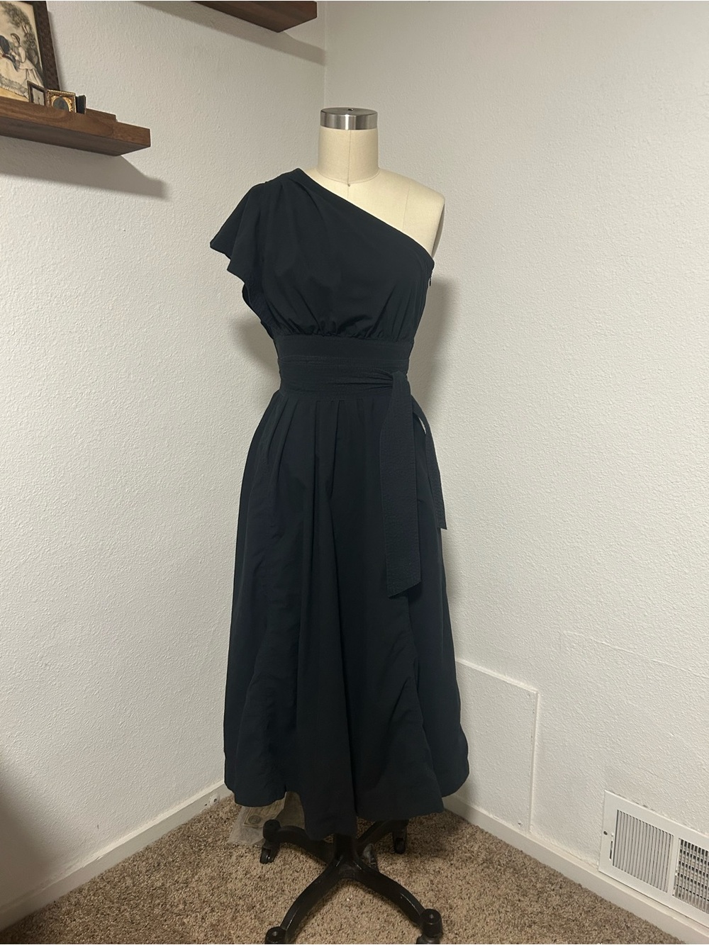 Madewell One-Shoulder Black Midi Dress with Waist Sash
